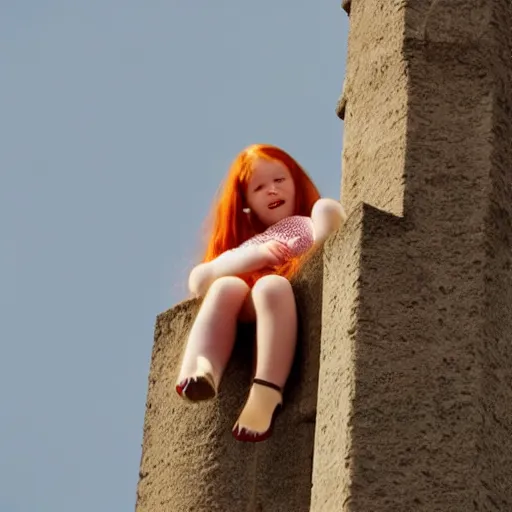 Prompt: a ginger hair princess locked in tower very high up in the sky