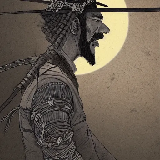 Image similar to a portrait from behind of a samurai man vagabond with a moon behind him, the samurai is wrapped in chains, detailed, illustration, concept art, ink style, sketch