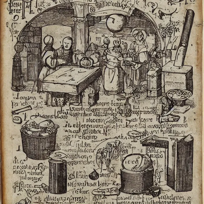 Image similar to ( ( ( ( illustrated recipe for an hamburger ) ) ) ) lot of medieval enluminures in the background explaining the recipe, found schematic in a notebook