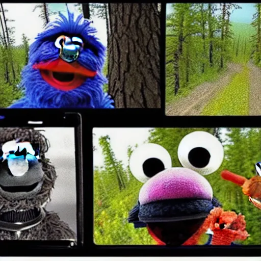 Prompt: trail cam footage of Grover the Muppet, Grover on video from a trail camera, sesame street grover, black and white