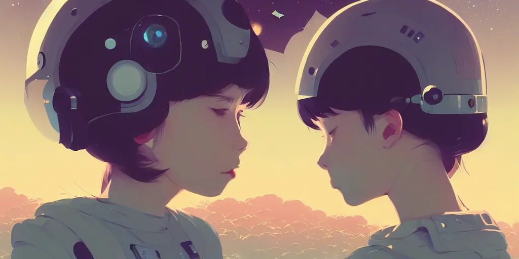 Image similar to portrait of a girl with astronaut helmets by ilya kuvshinov, cloudy sky background lush landscape ln illustration concept art anime key visual trending pixiv by victo ngai fanbox by greg rutkowski makoto shinkai takashi takeuchi studio ghibli