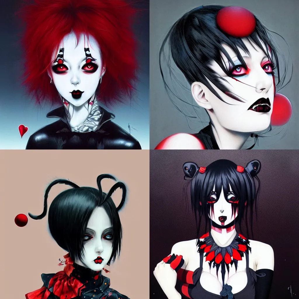 Prompt: beautiful! beautiful! coherent and aesthetically pleasing! portrait of an anime goth clowngirl with lovely red eyes and black lips and gothic clown clothes, painted by ilya kuvshinov!!! and zdzislaw beksinski
