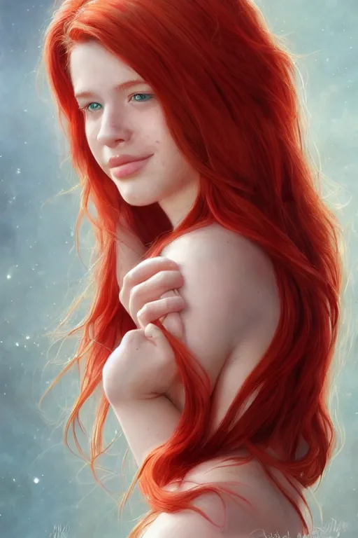 Prompt: ultra realistic style illustration of a beautiful cute red haired joyful and playful 1 9 year old teen, full portrait, long hair, sci - fi, fantasy, intricate, elegant, digital painting, artstation, concept art, smooth, sharp focus, 8 k frostbite 3 engine, ultra detailed, art by artgerm and greg rutkowski and magali villeneuve