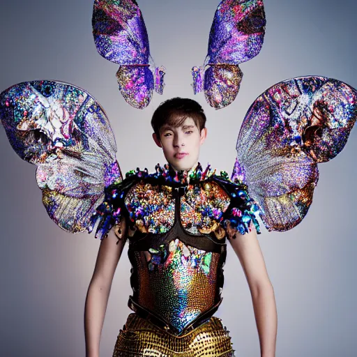 Prompt: a portrait of a beautiful young male wearing an alexander mcqueen armor made of holographic butterflies , photographed by andrew thomas huang, artistic