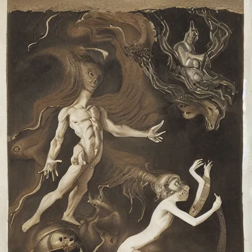 Image similar to a horror vacui depicting birth death God and the devil,