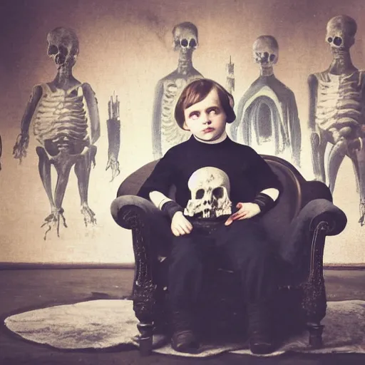 Prompt: a color photo of young sad victorian gothic child with big eyes and wide grin sitting on a sofa of bones surrounded by a cyber futuristic cityscape made of human body parts, 5 0 mm, award winning photography