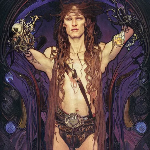 Prompt: realistic portrait of eddie from Iron Maiden, by Alphonse Mucha, Ayami Kojima, Amano, Charlie Bowater, Karol Bak, Greg Hildebrandt, Jean Delville, and Mark Brooks. Art Nouveau, Neo-Gothic, gothic, rich deep moody colors.