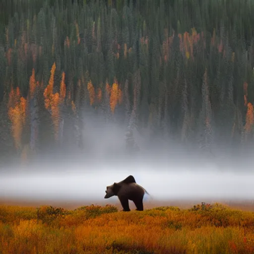 Image similar to a photo of bob ross riding on the back of brown bear in alaska at fall season, outdoor lighting, realistic, photo, national geographic photo, volumetric, fog