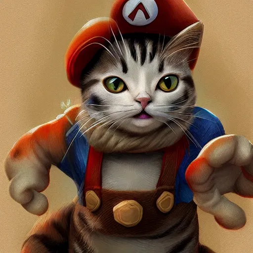 Prompt: Cat as Super Mario, highly detailed, digital painting, artstation, concept art, smooth, sharp focus, illustration