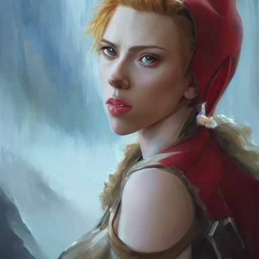 Prompt: a movie still frame, of scarlett johansson as a female elf, oil on linen, beautiful painting, by tooth wu, artgerm, fantasy concept art portrait, by bayard wu, trending on artstation,