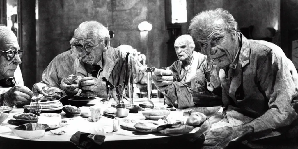 Prompt: film still of wrinkly old men sitting at a round dinner table eating money with knife and fork, directed by fellini