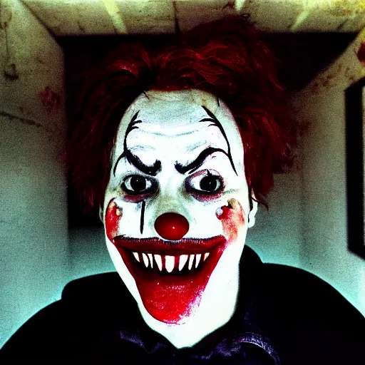 Image similar to dystopian grunge disposable camera photo of a sad clown | horror | nightmare