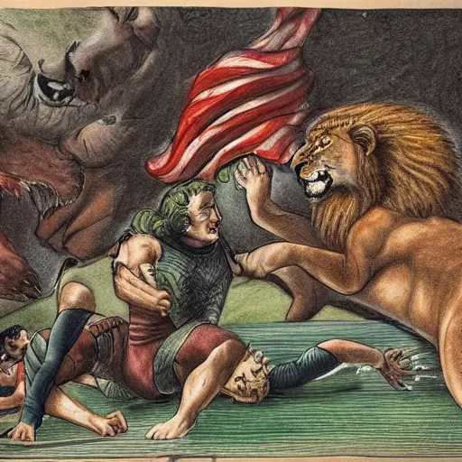 Image similar to hero wrestling against a lion in the middle of an arena, crowd of people sitting down in the stands, pencil art, added detail, high definiton, colored, aerial view