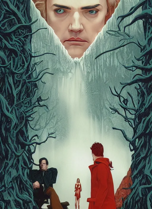 Prompt: Twin Peaks poster artwork by Michael Whelan and Tomer Hanuka, Karol Bak, Rendering of Where the folk song of slaughter welcomed the vogue of an unsheathed and distinctly feminine blade, the love song of vengeance opens softly ajar doors to the espionage Toshiya only merely hinted at earlier, from scene from Twin Peaks, full of details, by Makoto Shinkai and thomas kinkade, Matte painting, trending on artstation and unreal engine