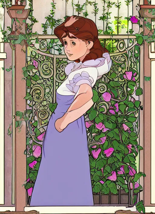 Image similar to well - lit art nouveau portrait of a 1 3 - year old girl with a shy expression, looking out from a balcony with a rose trellis, natural lighting, path traced, highly detailed, high quality, cartoon, digital painting, by don bluth and ross tran and studio ghibli