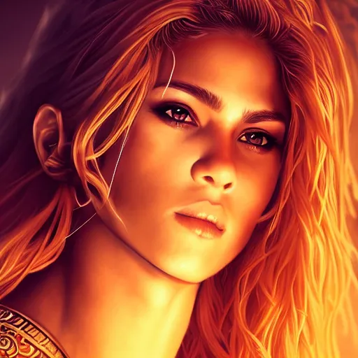 Image similar to full body portrait of shakira, thin but strong viking samurai woman, symmetrical beautiful face, relaxed pose, trending on artstation, high resolution, detailed, smooth, dynamic composition, dramatic lighting, trending on artstation, award winning art, sharp focus