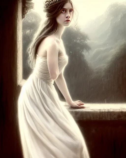 Prompt: realistic portrait of a beautiful young princess in a white dress, long hair, greg rutkowski, seb mckinnon, matte painting, delicate, facing the camera, mysterious, hyper realism, 1 4 5 0, ink, ultra realistic, 8 k
