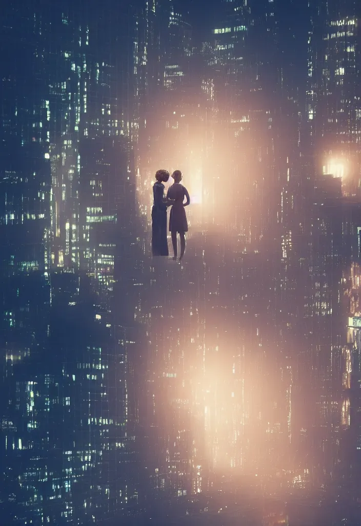 Prompt: she hug her husband that is sitting at his futuristic desk, lovely couple, blade runner style, hyper-realistic, octane render, realistic, real, sad, a couple consoling one another, strong woman, sad men, cinematic, 8k, very intricate, futuristic city behind the window, night