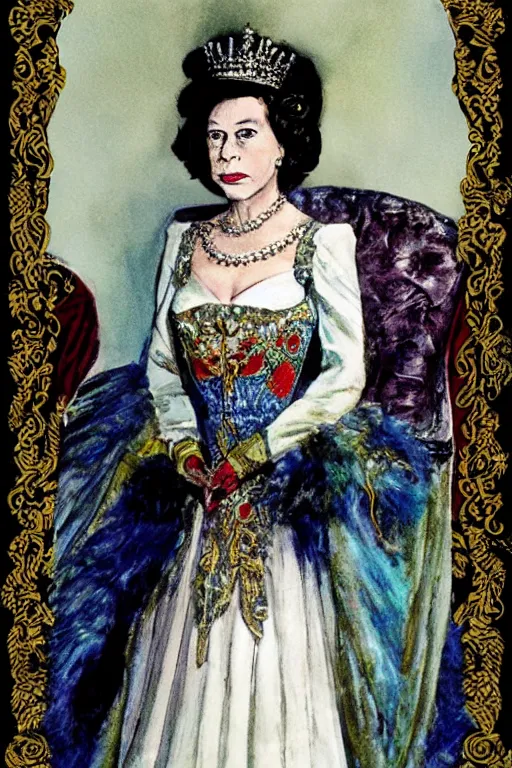 Image similar to queen elizabeth ii as quin of cards from alice in wonderlands