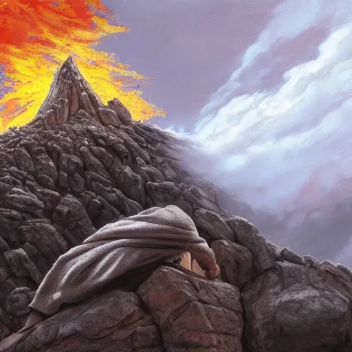 Prompt: painting of an old man with a silver gray beard and ragged robes knelt down on the peak of a mountain, the sky above is wreathed in flames, the man chisels an inscription on a stone, realistic, detailed, ancient, digital art, apocalyptic, earth tones, dramatic, cinematic lighting