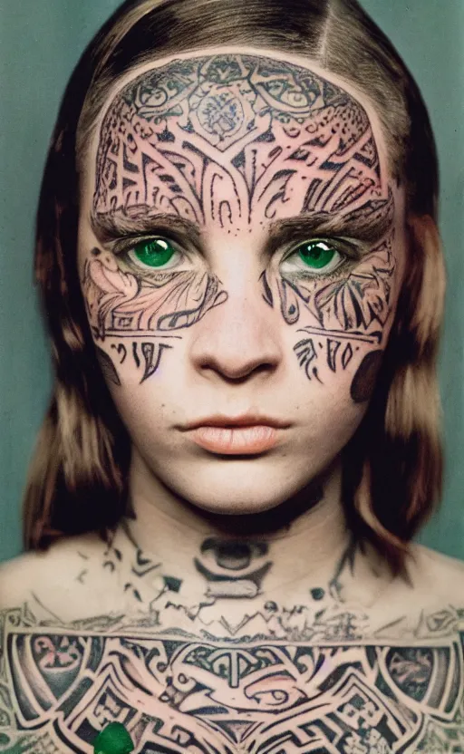 Image similar to a heavily tattooed white girl with brown hair and green eyes, dutch, wide set eyes, oval face, round cheeks, leica s, 5 0 mm lens, kodachrome, 1 9 6 9, shot by platon