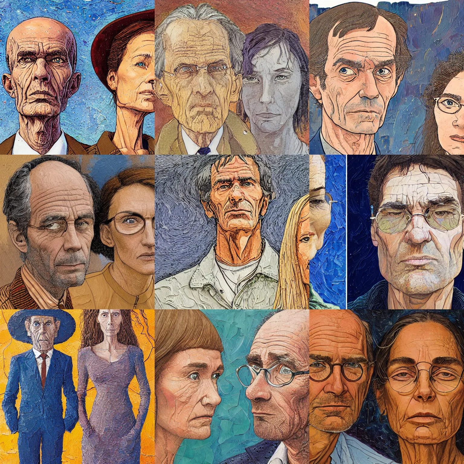 Prompt: close - up group portrait of a man and a woman, looking serious, impasto painting by moebius and mattias adolfsson