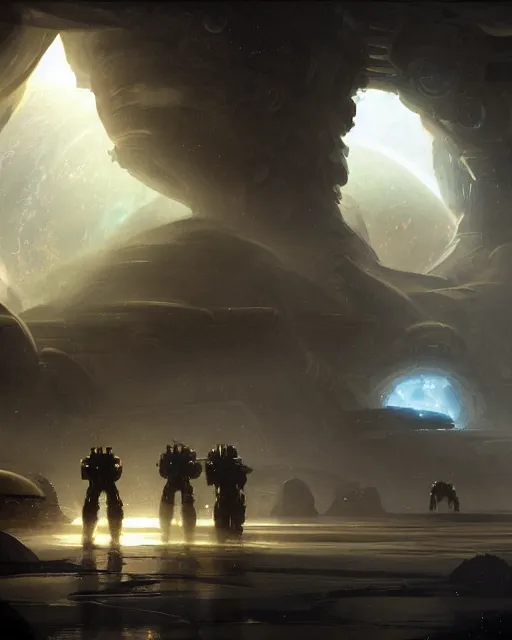 Image similar to A matted painting of Aliens of the Sun on a spaceship environment with expansive views of space, inspired by greg rutkowski and Keith Mallett, digital art, extremely moody lighting, glowing light and shadow, atmospheric, shadowy, cinematic