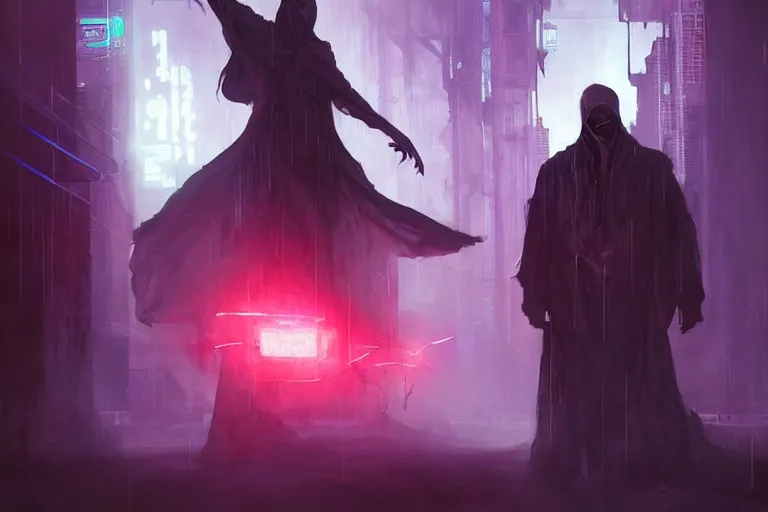 Image similar to Dementor from Harry Potter in cyberpunk, neon lighting, figure in center, digital art from artstation by Ruan Jia and Mandy Jurgens and Artgerm and william-adolphe bouguereau and Greg Rutkowski and Wayne Barlowe