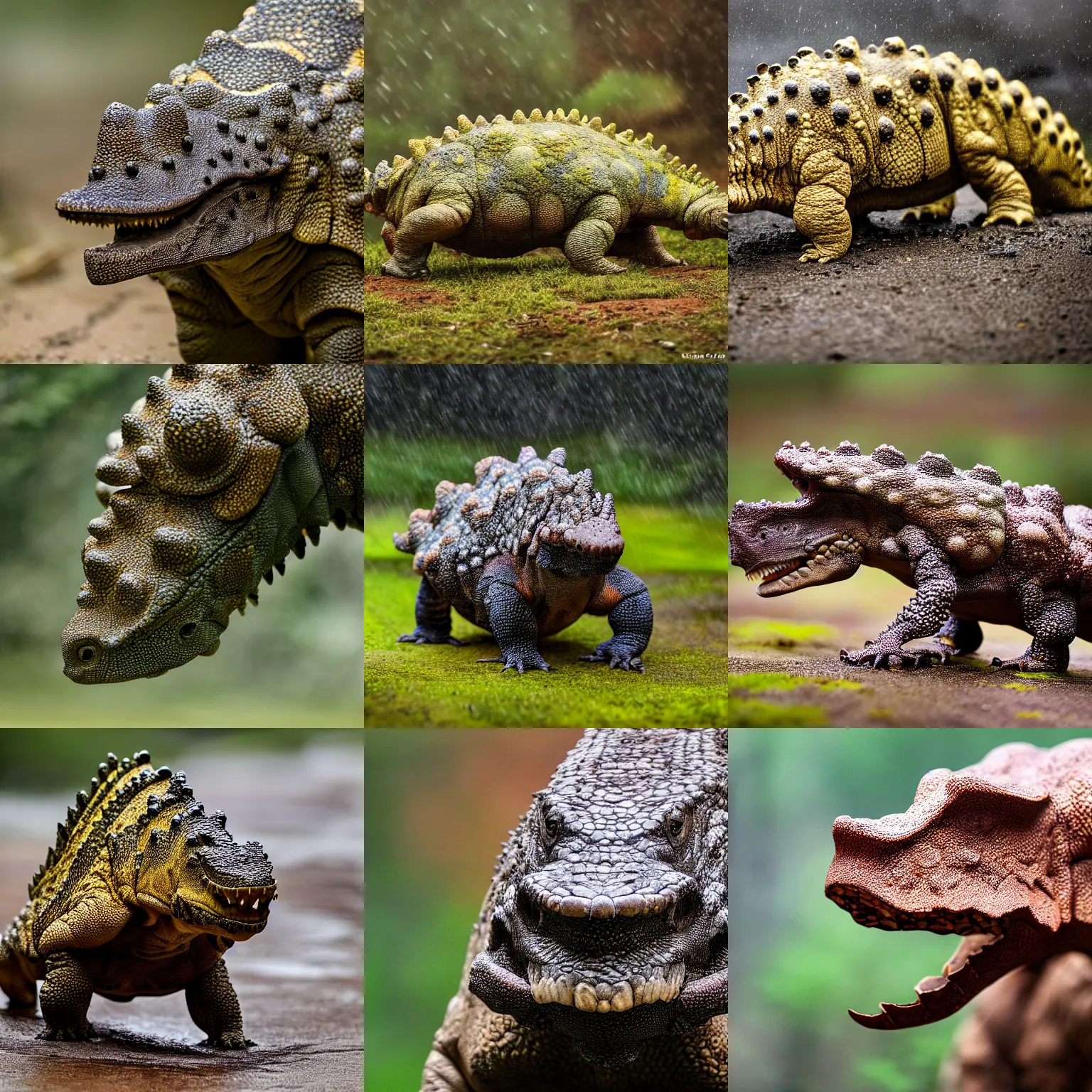 Prompt: nature photography of an ankylosaurs, rainy day, outside enclosure, 4 k photograph, award winning, 5 0 mm, telephoto lens, national geographic