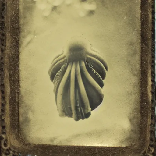 Image similar to tintype photo, lochness monster, underwater, jellyfish