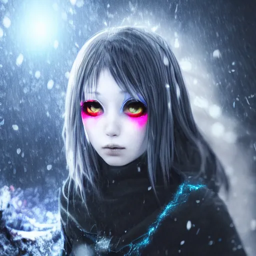 Prompt: photorealistic full body shot of masterpiece angry darkness anime girl, beautifull lovely eyes, electric aura with particles, snowing frozen ice, darkness background, inspired by tim burton, detailed, unreal engine 4 k, volumetric light, fog