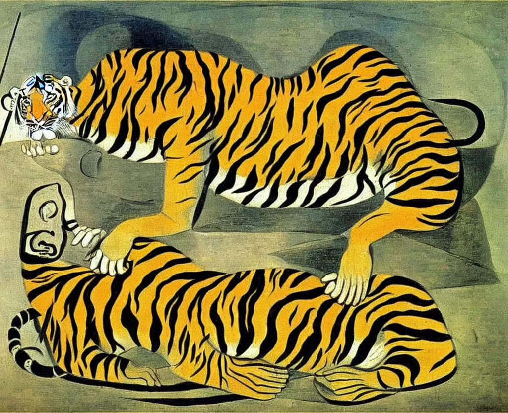 Prompt: naturalist painting of one solitary tiger. picasso, dali.