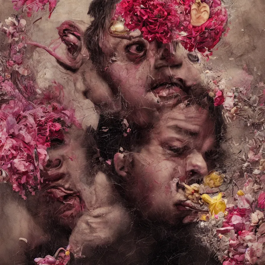 Image similar to male portrait of todd solondz eating babies and puking blood, surrounded by flowers by francis bacon, karol bak, james jean, tom bagshaw, rococo, trending on artstation, cinematic lighting, hyper realism, dramatic, emotional, octane render, 8 k, hyper detailed.