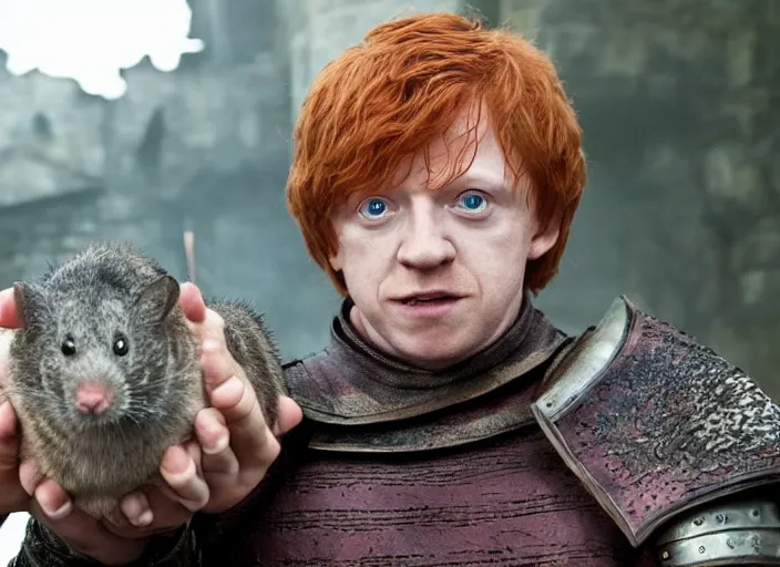 Image similar to ron weasley as thehnellor in game of thrones, holding his large fat rat, live action film, cinematic photo, clear hd image