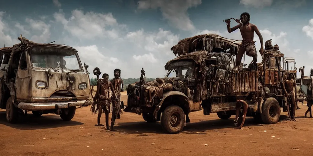 Image similar to sri lankan mad max style, playing bongo drum, on top of a truck, film still, epic shot cinematography, rule of thirds