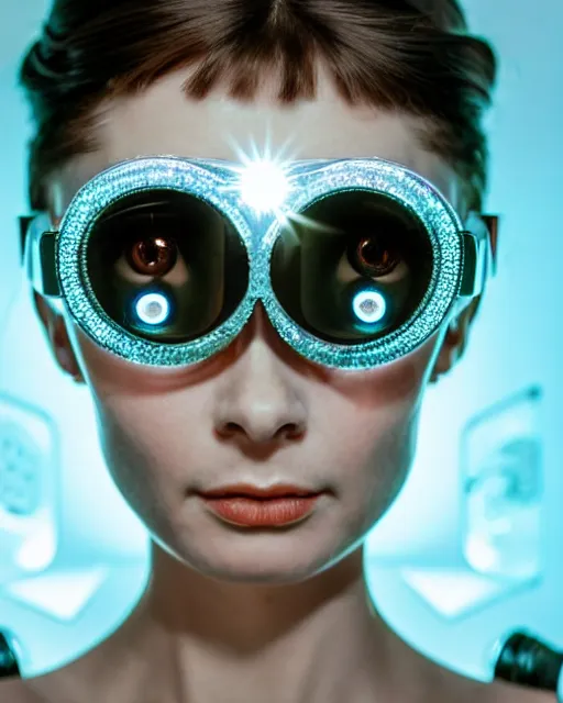 Image similar to centered portrait of soulful young audrey hepburn as a solarpunk mecha humanoid robotic parts wearing crystal goggles with bright led lights, real human face, pudica gesture bouguereau style, in white room, ultra - realistic and intricate, soft portrait shot 8 k