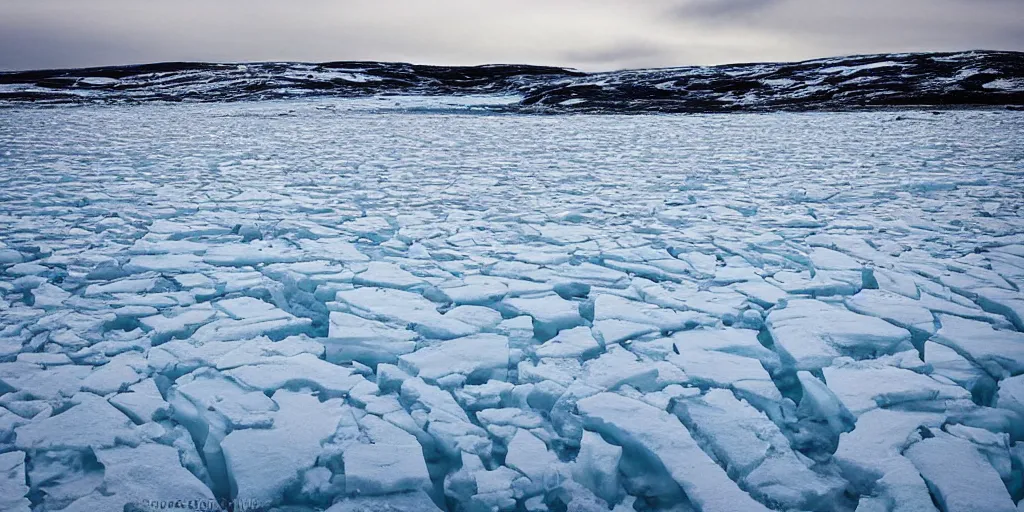 Prompt: “ a scene on a frozen sea, white windswept ice, seracs, crevasses, ridges, maze of jumbled white ice ”