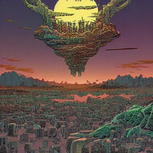 Image similar to an epic horrifying fantastic hyperdetailed matte painting beautiful retro sci fi landscape, by moebius by geoff darrow by dan mumford