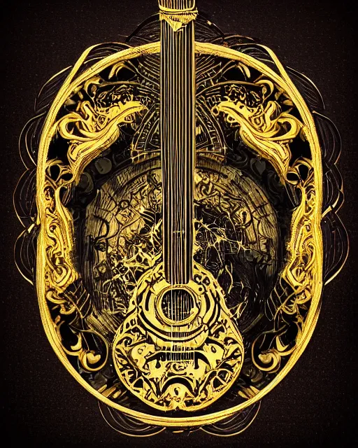 Prompt: demonic fractalpunk guitar concept illustration, rococo, celestial runes floating, symmetrical composition, spiral with golden ratio, gold and black paper, de - noise, ornate border, tarot card, 8 k