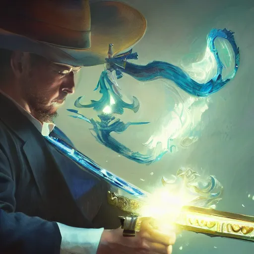 Image similar to a man in a blue suit wielding a jeweled sword and a pistol, fantasy, digital painting, volumetric light, intricate, sharp, focus, bloom, illustration, highly detailed, concept art, matte, ruan jia, randy vargas, greg rutkowski