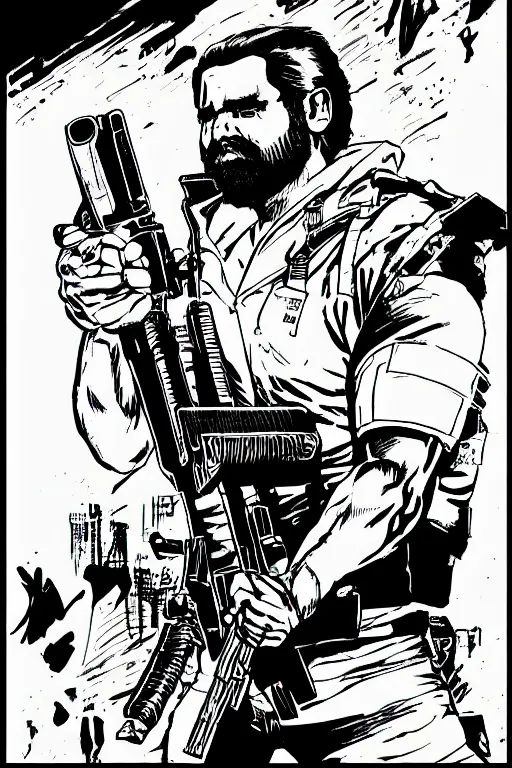 Image similar to billy mays holding a rifle, a page from cyberpunk 2 0 2 0, style of paolo parente, style of mike jackson, adam smasher, johnny silverhand, 1 9 9 0 s comic book style, white background, ink drawing, black and white, colouring pages