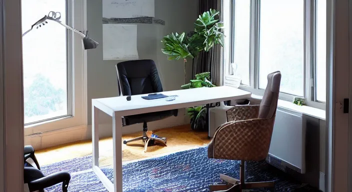 Image similar to photo of a home office dream setup, high-end computer, office chair, large monitor, cozy, soft light, beautiful peaceful view out of the large window