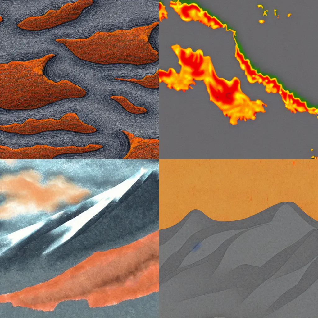 Prompt: A fiery dry gray overcast mountain range in the style of Genshin impact