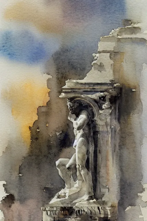 Prompt: abstract watercolor painting of roman god monument, in stone and marble, magical and traditional, cinematic light, national romanticism by anders zorn