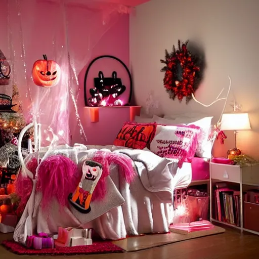 Image similar to homemade pink halloween themed christmas bedroom ideas, high resolution, creative, visually appealling