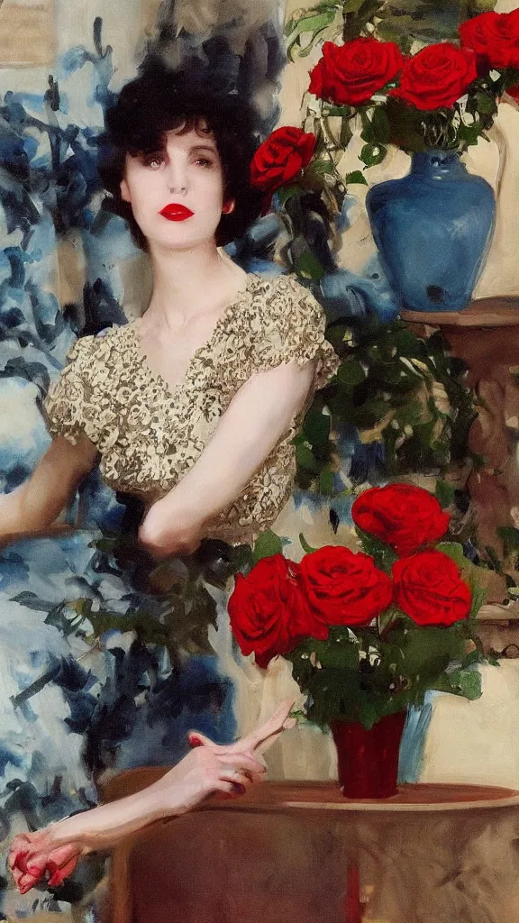Image similar to young julee cruise in detailed golden sleeve balloon lace dress beside a pot of red roses set near a persian blue detailed pot by john singer sargent