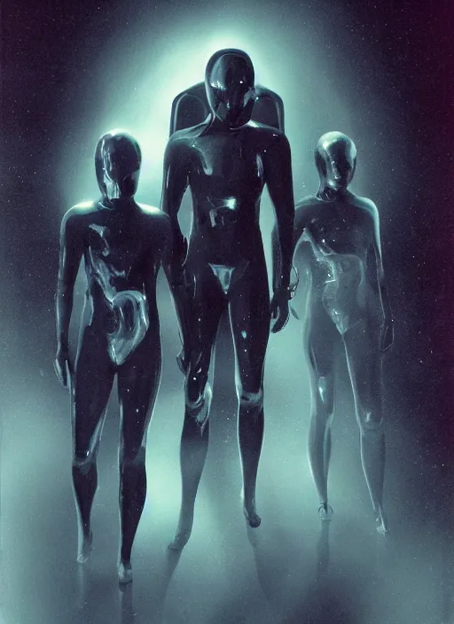 Image similar to astronauts in dark minimalists underwater void - hyperdetailed suit. reflection and dispersion materials. rays and dispersion of light. volumetric light. 5 0 mm, f / 3 2. noise film photo. flash photography. ultra realistic, wide angle. poster by wayne barlowe, hajime sorayama aaron horkey, craig mullins. dark key.