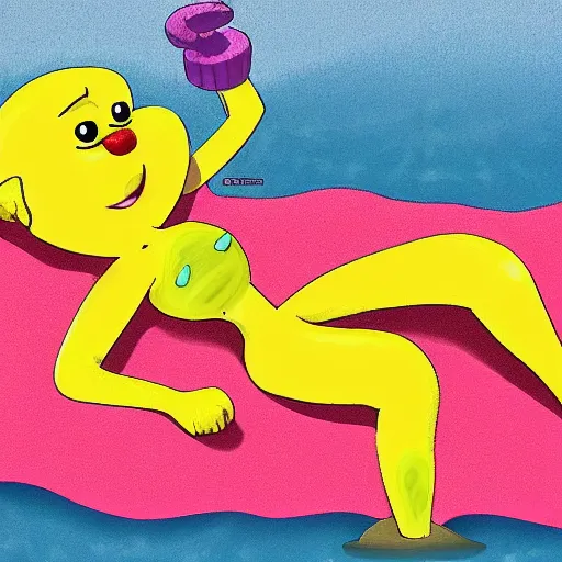 Image similar to a humonid muscular lemon cartoon character, is relaxing on a beach,, inspired by dalle - 2 generations