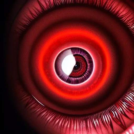 Image similar to a detailed extremely close up of inside the iris, cornea, red image, microscopic, extremely close up drawing by junji ito, cgsociety, generative art, lovecraftian, parallax, cosmic horror, extremely detailed, hyperrealism, unreal engine, octane render, award winning, masterpiece, highly detailed, realistic, 4 k, digital