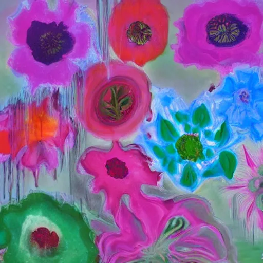 Prompt: an oil painting of dripping flowers by pipilotti rist